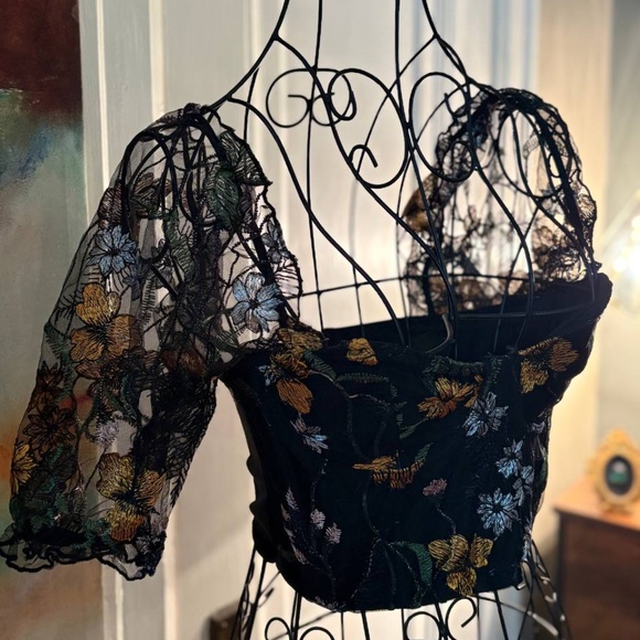 Black Floral Embroidered Mesh Corset Top – Size S (Bust-Friendly Fit) - Picture 1 of 5